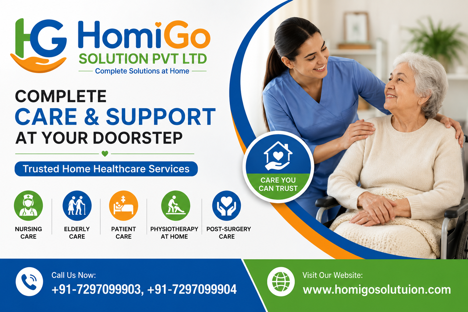 **Alt Text:** Professional HomiGo home healthcare blog banner showing a caregiver providing elderly care support at home with nursing, patient care, physiotherapy, and home healthcare services in Delhi.