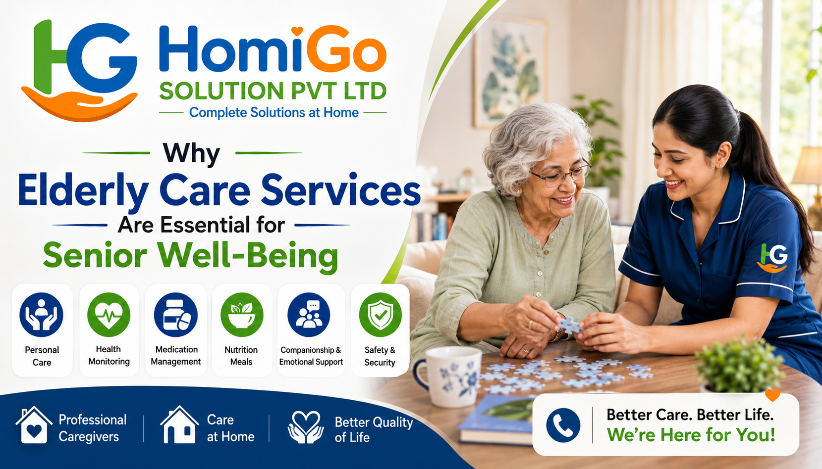Professional caregiver assisting a senior woman with a puzzle activity at home, highlighting elderly care services, home wellness services, companionship, cognitive engagement, and senior well-being in a comfortable home environment.