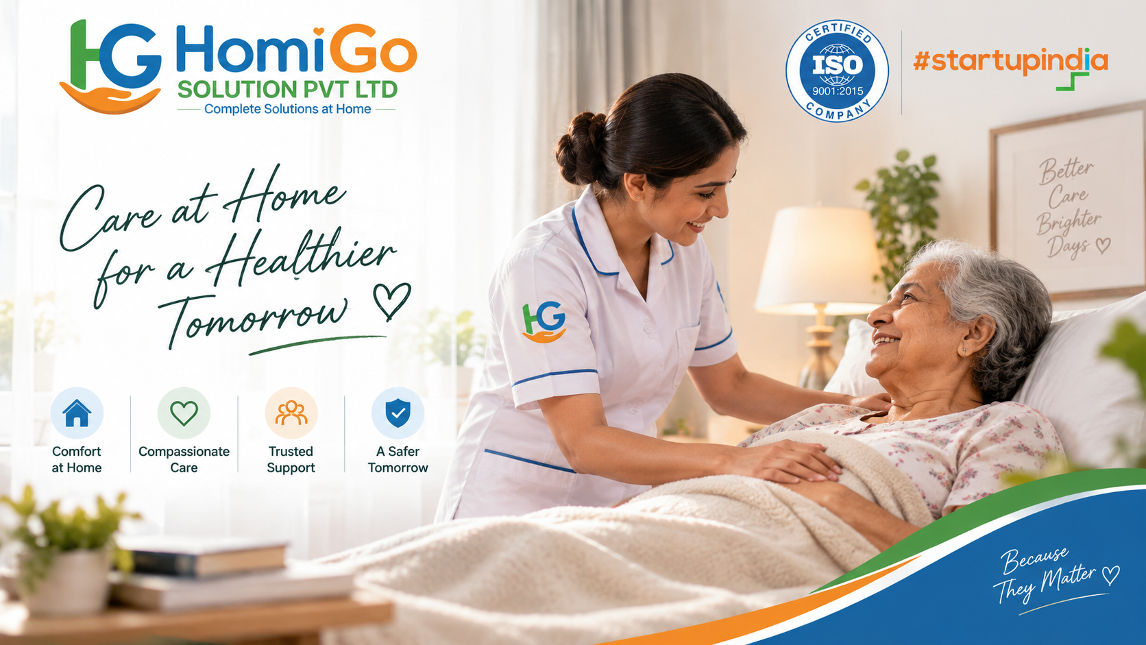 Home patient care services in Gurgaon with a professional HomiGo caregiver providing compassionate nursing support to an elderly patient at home.