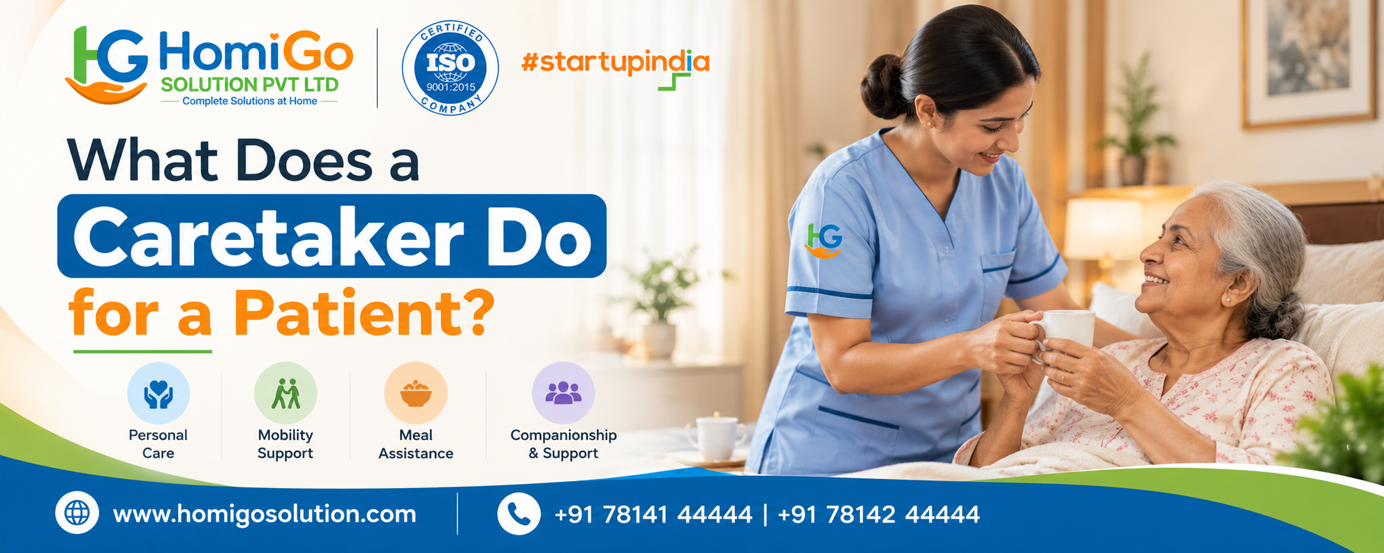 HomiGo Solutions patient caretaker assisting an elderly patient with daily care at home in Gurgaon