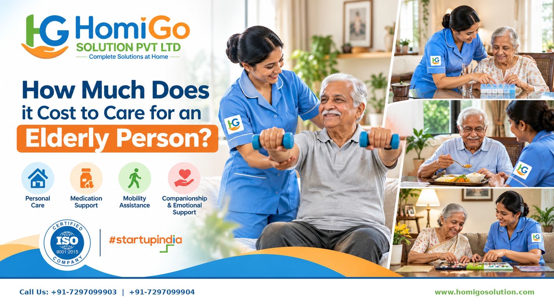 HomiGo Solution elderly care services banner showing senior citizens receiving home care, medication assistance, mobility support, healthy meals, and companionship in Gurgaon.